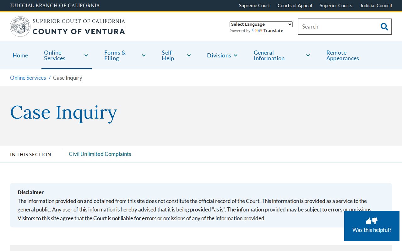 Moorpark people search using Ventura Superior Court case inquiry