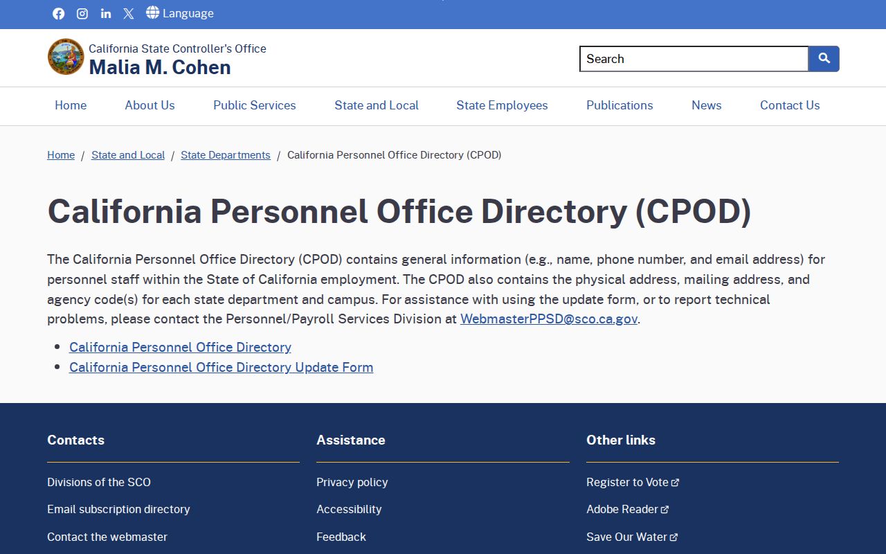 Moorpark people directories screenshot of the California Personnel Office Directory