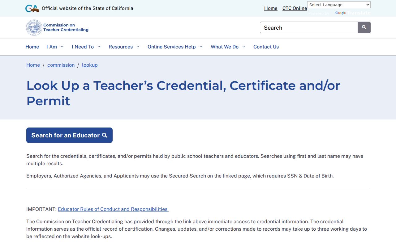 Moorpark people directories screenshot of the California teacher credential lookup