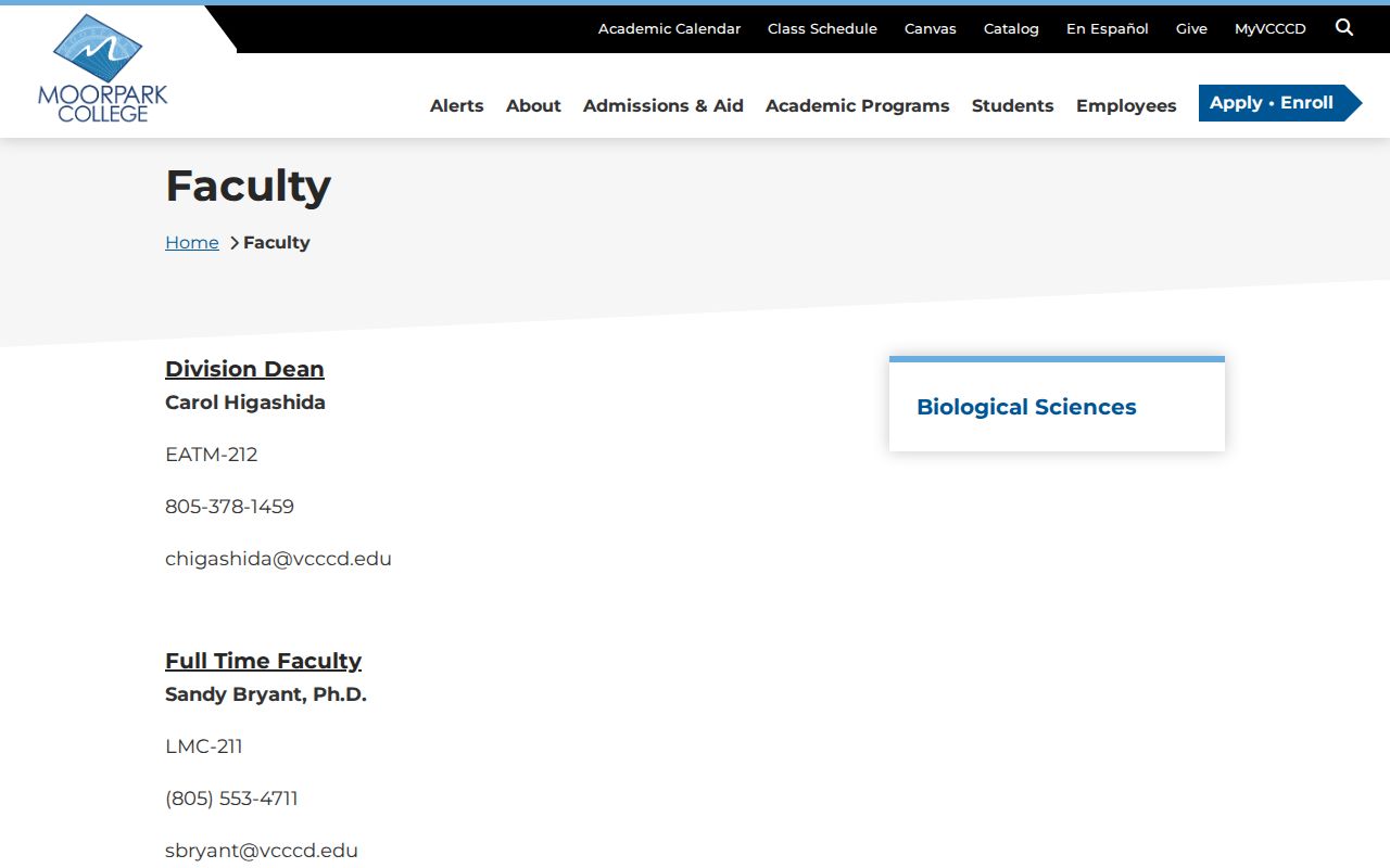 Moorpark people directories screenshot of Moorpark College faculty listings