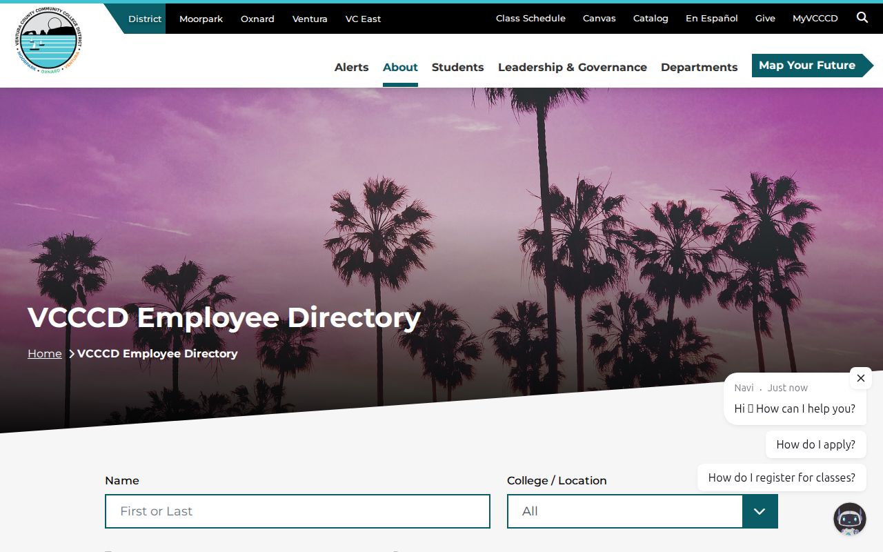 Moorpark people directories screenshot of the VCCCD employee directory